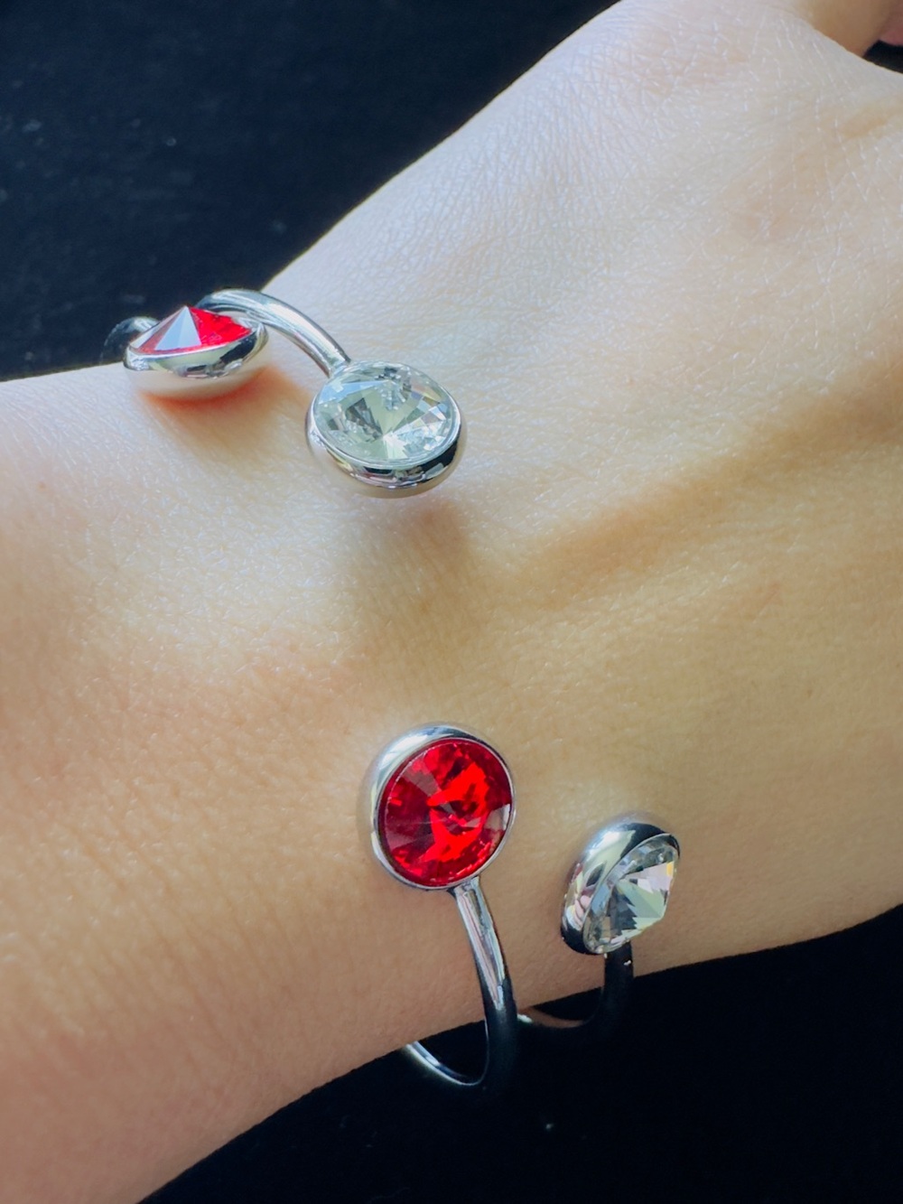 Silver Open Cuff Bracelet with Red and Clear Crystals - Women Jewelry